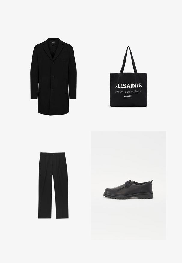 Černý kabát vyrobený z vlněné směsi s přizpůsobeným střihem; má zapínání na jeden knoflík, klopové límce a boční kapsy. Hladká textura.; Sada osmi černých bavlněných triček s krátkým rukávem a kulatým výstřihem, s jednoduchým designem a jemnou texturou.; Černé kalhoty s rovnými nohavicemi, vyrobené z hladké tkaniny. Mají přední záhyby a jedno knoflíkové zapínání v pase.; Černé kožené boty se zaoblenou špičkou, texturovaným švem, nízkým profilem a gumovou podrážkou s hlubokými drážkami pro lepší přilnavost.; Černá plátěná taška s jasným bílým nápisem "ALLSAINTS" a menším textem v japonštině a "LONDON" na spodní části. Dva dlouhé popruhy.