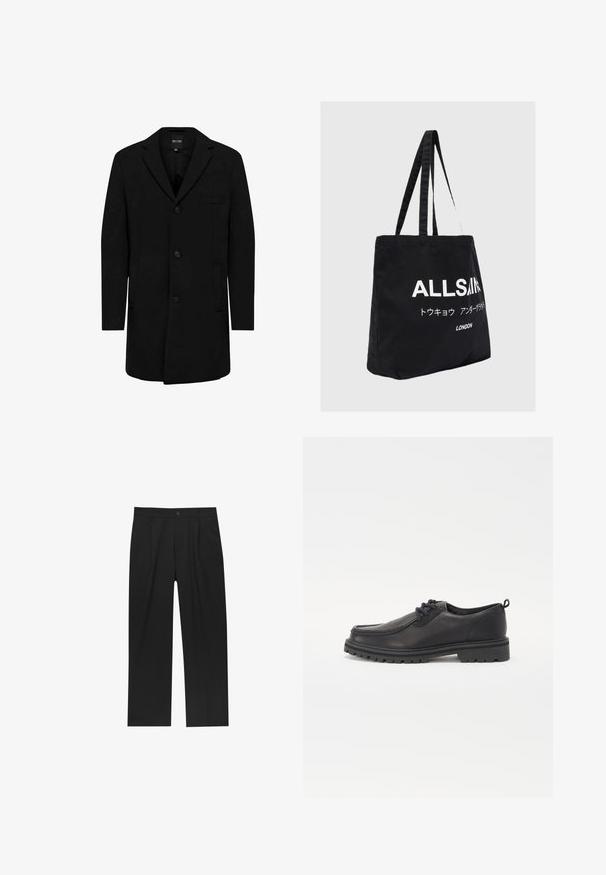 Schwarzer Mantel aus einem Wollmischgewebe mit einem taillierten Design; verfügt über einen Ein-Knopf-Verschluss, Reverskragen und Seitentaschen. Glatte Textur.; Set aus acht schwarzen Baumwoll-T-Shirts mit kurzen Ärmeln und Rundhalsausschnitten, die ein schlichtes Design und eine weiche Textur aufweisen.; Schwarze Hose mit geradem Schnitt, aus einem glatten Stoff gefertigt. Verfügt über Vorderfalten und einen einzelnen Knopfverschluss an der Taille.; Schwarze Lederschuhe mit runder Zehenform, strukturiertem Nähen, flachem Design und Gummisohle mit tiefem Profil für bessere Bodenhaftung.; Schwarze Canvas-Shopper-Tasche mit zwei langen Griffen, mit weißem Text "ALLSAINTS" und zusätzlichen Zeichen in moderner Schriftart.