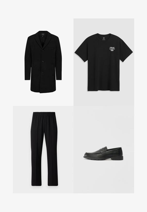 Manteau noir en mélange de laine au design ajusté ; doté d'une fermeture à un bouton, de revers en pointe et de poches latérales. Texture lisse.; T-shirt noir en coton avec un imprimé sur la poitrine portant la mention "PLANTES D'INTÉRIEUR" en police stylisée blanche, avec "Levi's" en dessous. Encolure classique. ; Pantalons noirs à taille élastique avec une coupe droite, présentant une texture lisse et sans motifs ni éléments visibles.; Mocassins en cuir noir avec une finition lisse, tige de style moccasin, détails cousus et semelle en caoutchouc. Design classique avec un talon bas.