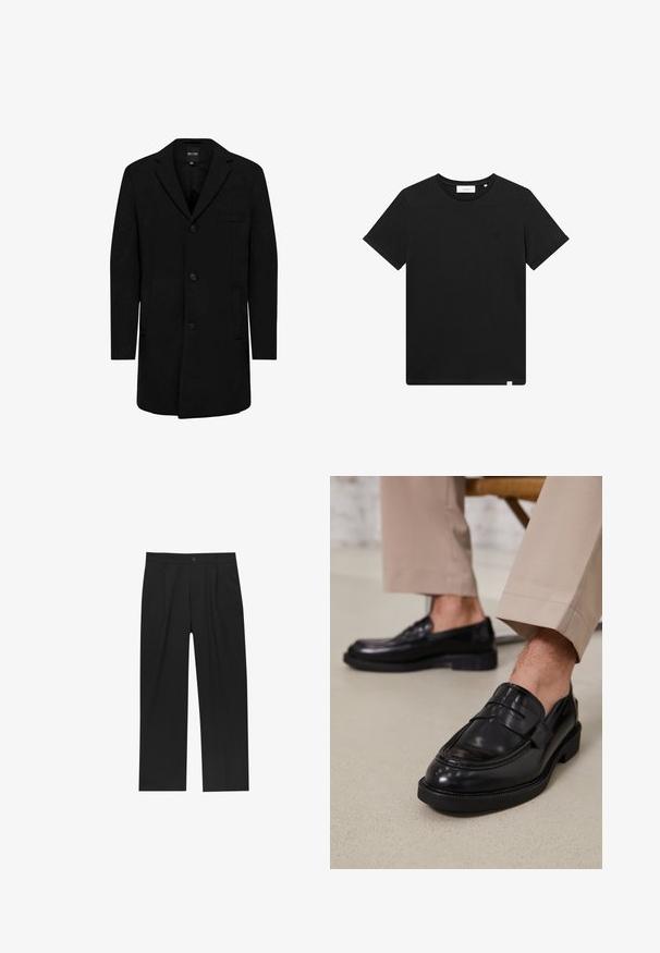 Zwarte jas gemaakt van een wolmix met een getailleerd ontwerp; beschikt over een enkele knoopsluiting, notch-klepels en zijzakken. Glad textuur.; Zwarte T-shirt met korte mouwen van katoen, met een ronde hals en een klein logo geborduurd op de borst. Soepele textuur, normale pasvorm.; Zwarte broeken met een recht model, gemaakt van een gladde stof. Voorzien van een voorplooien en een enkele knoopsluiting bij de taille.; Zwarte leren loafers met een gladde afwerking, voorzien van een decoratieve band en contrasterende stiksels, gecombineerd met beige broeken.