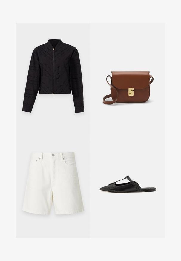 Chaqueta corta negra con un sutil patrón texturizado, un cuello alto y un cierre frontal con un detalle en dorado.; Suéter corto de un beige claro con cuello tipo chimenea con cremallera, que presenta un patrón texturizado y puños y dobladillo acanalados. Combina materiales de punto y tejido.; Shorts de mezclilla blanca con corte recto, diseño de cinco bolsillos, cierre frontal con botón, herrajes plateados y detalles de costura.; Zapato de piel negra tipo slingback con punta afilada, que presenta un detalle trenzado y un diseño superior plisado. Suela plana con hardware mínimo.; Bolso de mano de cuero marrón con cierre de solapa, herrajes en tono dorado, correa para el hombro y una textura suave. Forma rectangular compacta.