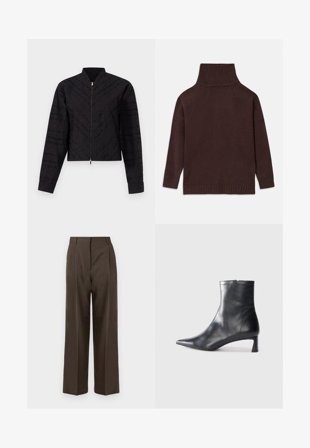 Černá zkrácená bunda s jemným texturovaným vzorem, vysokým límcem a předním zipem s detailem ve zlaté barvě.; Hnědý pletený svetr s vysokým zúženým límcem, spadlými rameny a žebrovanými manžetami a lemem. Hladká textura s volným střihem.; Hnědé kalhoty s širokými nohavicemi a hladkým texturou, s vysokým pasem, předními záhyby a přizpůsobeným střihem. Žádné viditelné kapsy ani ozdoby.; Černé kožené kotníkové boty s špičatou špičkou a elegantním designem. Mají nízký podpatek a zipové zapínání na zadní straně. Hladká textura.