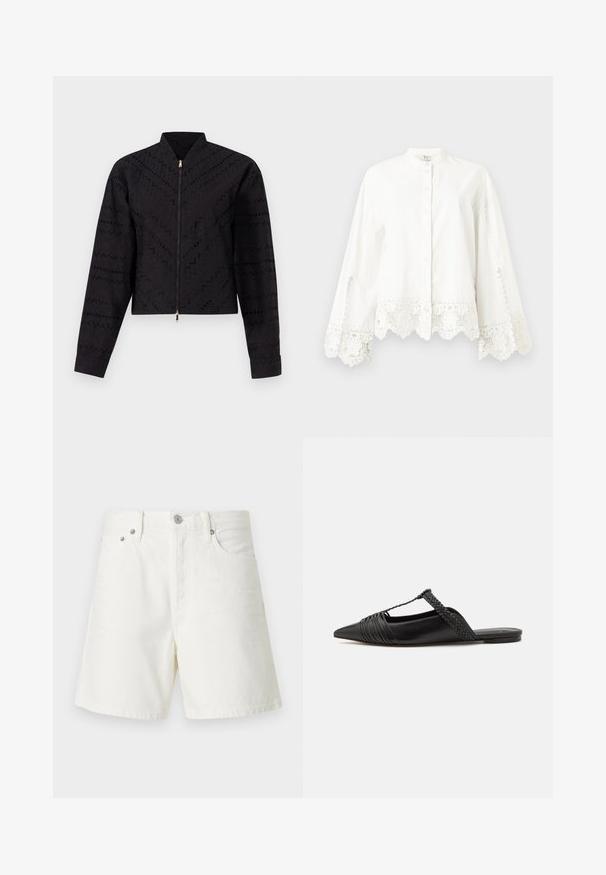 Schwarze Cropped-Jacke mit einem subtilen strukturierten Muster, hohem Kragen und einem Frontreißverschluss mit goldfarbener Akzentdetail.; Weißes langärmliges Button-up-Hemd mit Spitzenbesatz an den Ärmeln und dem Saum, mit Stehkragen und dezenten dekorativen Nähten.; Weiße Jeansshorts mit geradem Schnitt, Fünf-Taschen-Design, vorderem Knopfverschluss, silberner Hardware und genähten Details.; Schwarzer Leder-Slingback-Schuh mit spitzem Zehenbereich, ausgestattet mit einem geflochtenen Akzent und einem gefalteten Oberdesign. Flache Sohle mit minimalem Zubehör.
