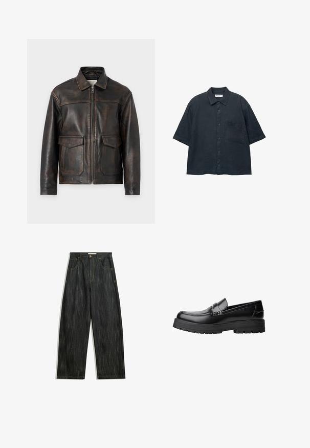 Jack & Jones PREMIUM JPRCCWALLACE - Bőrdzseki - brown stone; Sötétkék, rövid ujjú gombos ing, könnyű anyagból készült, mellzsebbel és klasszikus galléros kialakítással.; Sötét farmernadrág laza szabással, finom függőleges textúrával, sárga varrással, öt zsebbel és klasszikus gombos záródással.; Fekete bőr loaferek vastag, bordázott talppal és díszcsíkkal az upper rész felett, bal oldali profilmódban, fehér háttér előtt.