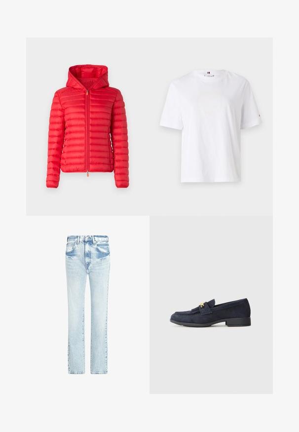 Save the duck DAISY - Kerge jope - jack red; Valge puuvillane T-särk ümarate kaelaaukude, lühikeste varrukate ja peene kollase logoga, millel on tekst "HILFIGER NEW YORK 1985". Tavaline lõige.; Heledad sinised teksapüksid otse jala kujundusega, viie taskuga ja pleekinud tekstuuriga. Omab nähtavaid õmblusi ja klassikalist nööbiga sulgemist.; Tumedad nahkkingad madala musta kontsaga, millel on ees kaunistav kuldne detail ja ümar nina disain.