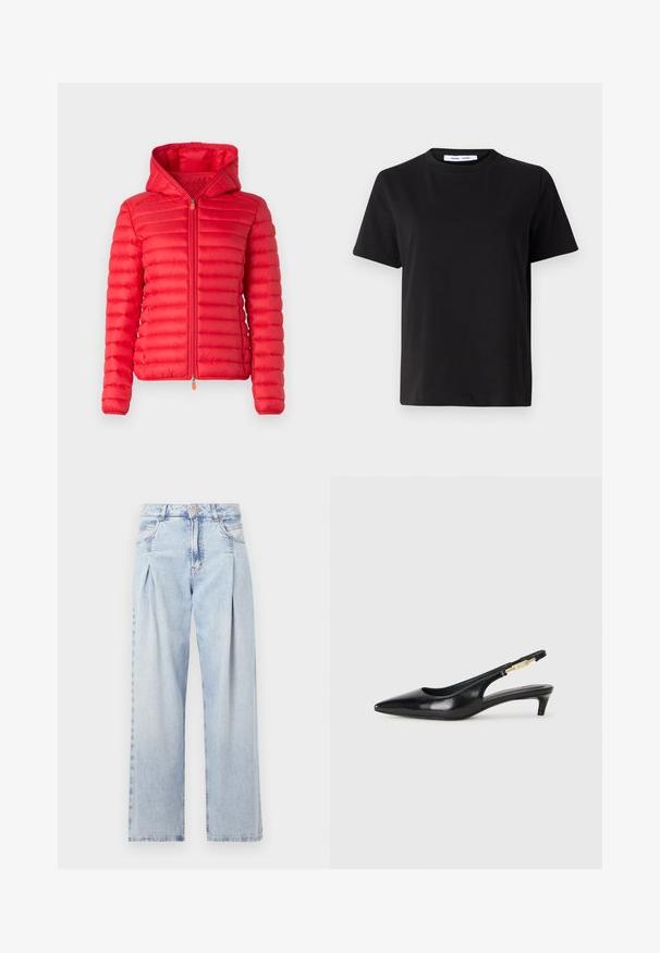 Save the duck DAISY - Übergangsjacke - jack red; Schwarzes T-Shirt mit kurzen Ärmeln aus weicher Baumwolle, mit rundem Ausschnitt, lockerer Passform und glatter Textur. Keine sichtbaren Muster oder Grafiken.; Helle blaue Denim-Jeans mit hoher Taille, weitem Beinschnitt, zwei seitlichen Taschen und gefaltetem Design. Weiche Textur mit einem ausgebleichten Finish.; Schwarze Leder-Slingback-Pumps mit spitzem Schuhblatt, ausgestattet mit einem schlanken Absatz und einem goldfarbigen Akzent am verstellbaren Riemen. Glatte Textur.