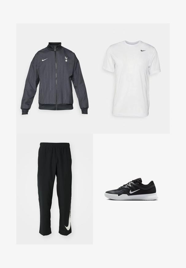 Nike musta jope musta kõrge kraega, esimeses luku, tekstuuriga mustriga, valgete logo aktsentidega ning elastsete mansettide ja alläärega.; Valge lühikeste varrukatega t-särk, mis on valmistatud siledast kangast. Omab ümmargust kaelust ja väikest musta Nike logo vasakul rinnal.; Mustad mustad sportlikud püksid elastse vöökohtadega, kitseneva disainiga, millel on vasakul jalal suur valge Nike logo. Pehme, kerge kangas.; Must mustad jalanikesad rikaste ülaservaga, valge Nike swoosh'i ja valge kummist välispõhjaga. Omab paeltega sulgemisdetaili ja dünaamilist kuju.