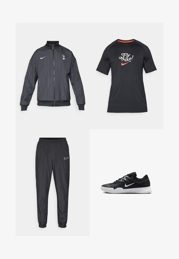 Nike crna jakna za trcanje s visokim ovratnikom, prednjim patentnim zatvaračem, teksturiranim uzorkom, bijelim logotipom te elastičnim manžetama i donjim dijelom.; Crna kratka rukava Nike majica s natpisom "Fly Nike!" i narančastim swoosh logotipom, izrađena od glatkog materijala s raglan rukavima.; Crne Nike trening hlače s elastičnim pojasom, sužene nogavice i bijelim logotipom blizu lijevog boka. Izrađene od laganog, glatkog materijala.; Crna sportska cipela s teksturiranim gornjim dijelom, bijelim Nike swooshom i bijelim gumennim potplatom. Ima dizajn s vezanjem i dinamičan oblik.