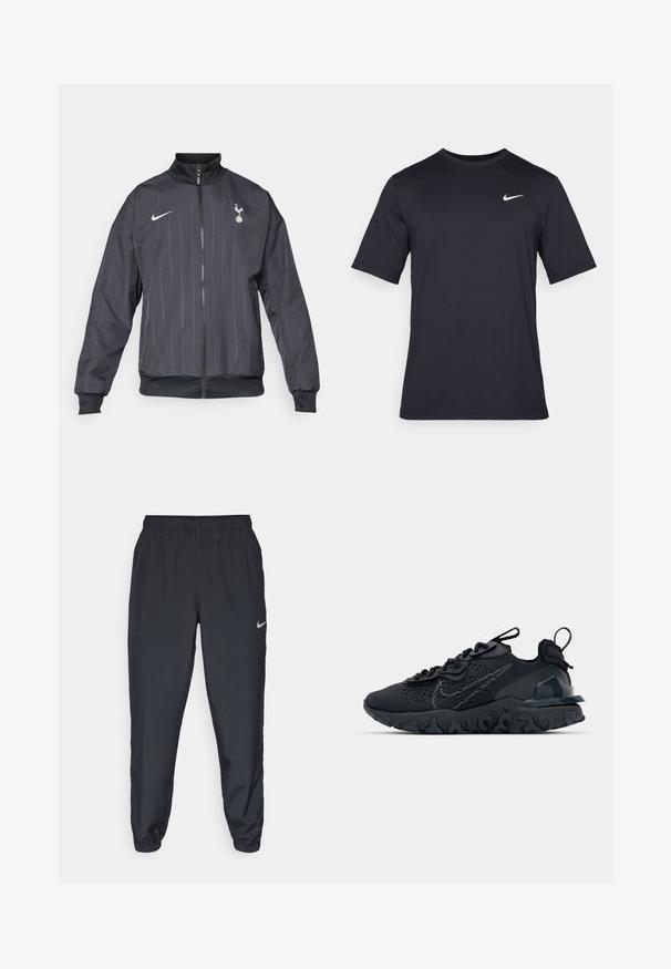 Nike svart treningsjakke med høy krage, front glidelås, teksturert mønster, hvite logo detaljer, samt elastiske mansjetter og kant.; Svart kortermet Nike t-skjorte laget av glatt stoff, med en hvit swoosh-logo på øvre venstre side, rund hals.; Svarte joggebukser laget av lett stoff med elastisk midje, ankelmanchetter og en diskret Nike-logo på venstre side.; Svart treningssko med et pustende nettobert overdel, teksturerte detaljer og en bølget gummisåle. Har reflekterende logo og snøresystem.