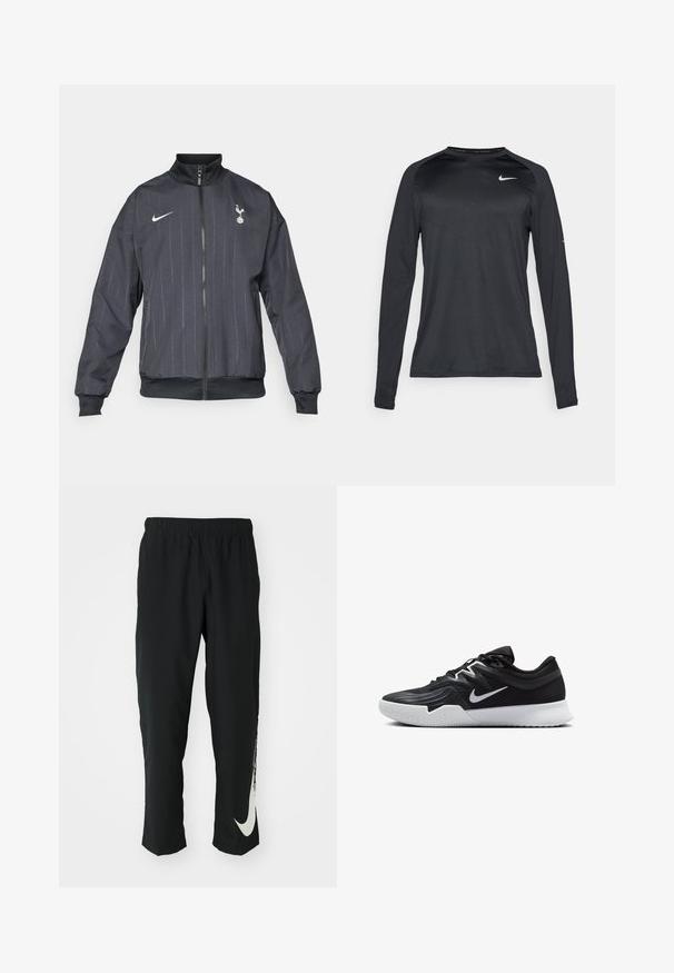 Nike black track jacket with a high collar, front zipper, textured pattern, white logo accents, and elasticized cuffs and hem.; Long-sleeve black athletic shirt made of a smooth, stretchy material. Features a subtle textured design and a small white logo on the chest.; Black athletic pants with elastic waistband, tapering design, featuring a large white Nike logo on the left leg. Soft, lightweight fabric.; Black athletic shoe with a textured upper, white Nike swoosh, and a white rubber outsole. Features a lace-up design and dynamic shape.