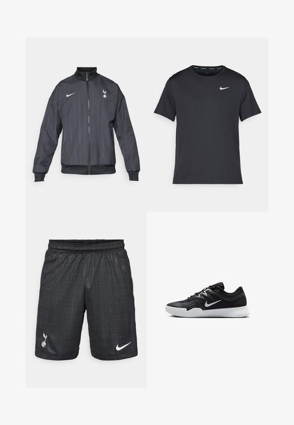 Nike black track jacket with a high collar, front zipper, textured pattern, white logo accents, and elasticized cuffs and hem.; Black Nike running T-shirt made of lightweight, breathable material, featuring short sleeves and a small white logo on the chest.; Black athletic shorts with a grid pattern, elastic waistband, featuring Nike's white logo and a Spurs emblem in black on the lower left.; Black athletic shoe with a textured upper, white Nike swoosh, and a white rubber outsole. Features a lace-up design and dynamic shape.