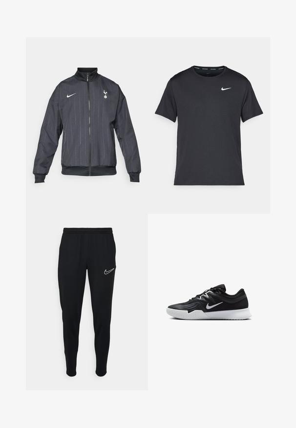 Nike zwarte trainingsjack met een hoge kraag, rits aan de voorkant, gestructureerd patroon, witte logo accenten, en elastische manchetten en zoom.; Zwarte Nike hardloop T-shirt gemaakt van lichtgewicht, ademend materiaal, met korte mouwen en een klein wit logo op de borst.; Zwarte sport joggers met een elastische tailleband, slim fit en een wit Nike-logo aan de linkerkant. Zachte stof met een gladde textuur.; Zwarte sportieve schoen met een gestructureerde bovenkant, witte Nike swoosh en een witte rubberen zool. Beschikt over een veterontwerp en een dynamische vorm.