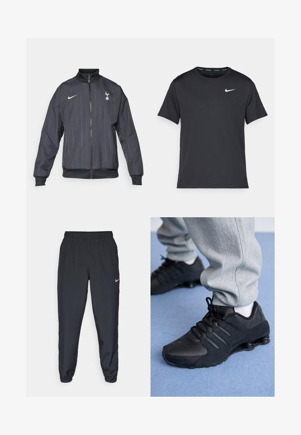 Nike crna jakna za trcanje s visokim ovratnikom, prednjim patentnim zatvaračem, teksturiranim uzorkom, bijelim logotipom te elastičnim manžetama i donjim dijelom.; Crna Nike majica za trčanje napravljena od laganog, prozračnog materijala, s kratkim rukavima i malim bijelim logotipom na prsima.; Crne trenirke od laganog materijala s elastičnom trakom u struku, manžetama na gležnjevima i diskretnim Nike logom s lijeve strane.; Osoba koja nosi crne Nike Shox tenisice i sive trenirke stoji na svijetloplavom tepihu.