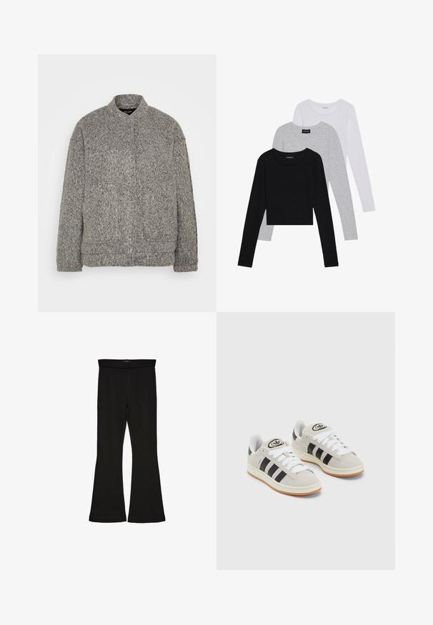 Grijze, gestructureerde fleecejack met een hoge kraag, twee voorzakken en een ontspannen pasvorm. Beschikt over een zachte, golvende oppervlakte en geribbelde manchetten.; Drie langmouwige tops gestapeld: zwart, grijs en wit. Elke top heeft een ronde halslijn en een cropped ontwerp van soepel, lichtgewicht materiaal.; Zwarte flare leggings gemaakt van rekbaar materiaal. Beschikt over een brede tailleband en een zachte textuur, met een getailleerd silhouet dat uitloopt bij de zoom.; Grijze nubucklederen sneakers met witte veters, zwarte strepen en een witte rubberen zool. Bevat een rond logo op de tong en een gumzool.