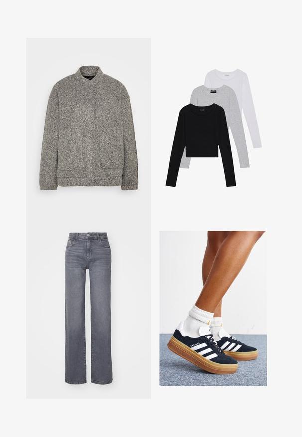 Pilkas tekstūrinis fliso džemperis su aukštu apykakle, dviem priekinėmis kišenėmis ir laisvu siluetu. Pasižymi minkšta, banguota danga ir gipiūrinėmis rankovėmis.; Trijų ilgomis rankovėmis marškinėlių krūva: juodas, pilkas ir baltas. Kiekvienas turi apvalų iškirpimą ir trumpą dizainą, pagamintas iš lygaus, lengvo audinio.; Pilkos plačios kojų džinsai pagaminti iš lygaus džinsinio audinio, su mygtuko ir užtrauktuko uždarymu bei penkiomis kišenėmis.; Juodi zomšiniai sportbačiai su baltais dryžiais ir akcentais, apvalios nosies, guminio, gumos pado, derinami su baltais raitytais vidutinio ilgio kojinaitėmis.