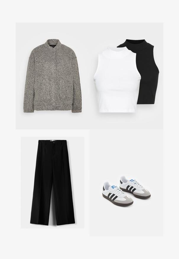 Šedá strukturovaná fleecová bunda s vysokým límcem, dvěma předními kapsami a volným střihem. Disponuje měkkým, zvlněným povrchem a žebrovanými manžetami.; Dvě bezrukávové halenky s ribovým stojáčkem v černé a bílé barvě, které mají přiléhavý střih a hladkou texturu, s krácenou délkou.; Černé široké kalhoty z lehkého materiálu s předním zapínáním na knoflík a hladkým předním dílem, s pečlivě přišitými lemy.; Sportovní boty s bílým koženým svrškem, šedou semišovou špičkou a třemi černými pruhy. Obsahují modré logo na jazyku a texturovanou gumovou podrážku.