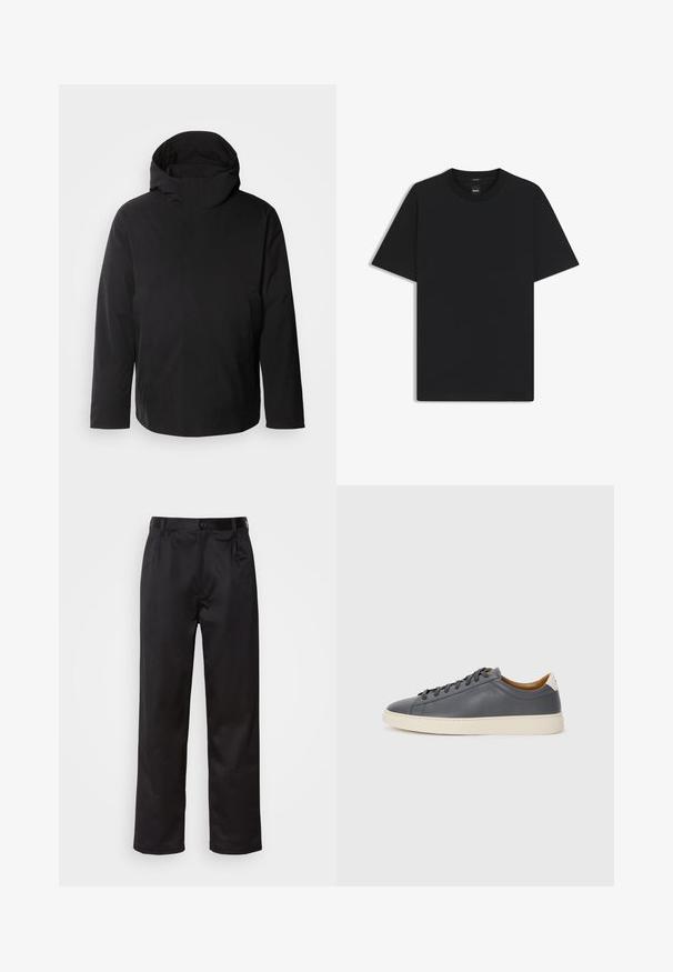 Calvin Klein HOODED JACKET - Vinterjacka - black; Svart kortärmad T-shirt i en mjuk bomullsblandning, med rundad halsringning och en minimalistisk design utan mönster eller detaljer.; Svarta byxor i slätt tyg med framknäppning, veck och raka ben. Inga synliga mönster eller detaljer.; Grå lädersneaker med rund tå, gummisula, plana snörningar och ljusa accenter på hälen. Slät textur och minimalistisk design.