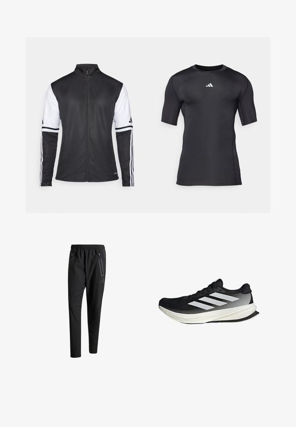 Chaqueta deportiva negra con cierre frontal, mangas blancas y tres rayas blancas verticales en cada brazo. Hecha de un material sintético suave.; Camiseta deportiva negra de manga corta hecha de una tela suave y elástica. Presenta un logotipo blanco en el pecho y costuras planas para mayor comodidad.; Pantalones deportivos negros con una cintura elástica, dos bolsillos laterales con cremallera, piernas ajustadas y un discreto detalle de logo en la cadera.; Zapato deportivo negro con un diseño de malla, que presenta rayas blancas, una puntera redondeada y una suela texturizada para agarre y soporte.