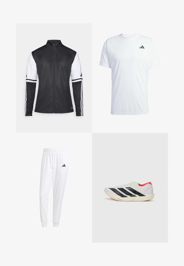 Fekete sportos dzseki cipzárral az elején, fehér ujjakkal és mindkét karon három függőleges fehér csíkkal. Simító, szintetikus anyagból készült.; Fehér, rövid ujjú sportpóló, könnyű anyagból, a bal felső mellrészen fekete Adidas logóval.; Fehér sportnadrág sima anyagból, rugalmas derékpánttal és szűkített bokákkal, a hátsó zsebében fekete logóval.; Fehér futócipő fekete csíkokkal, neon zöld részletekkel és piros sarokkal. Könnyű dizájnnal és texturált talppal rendelkezik a tapadás érdekében.