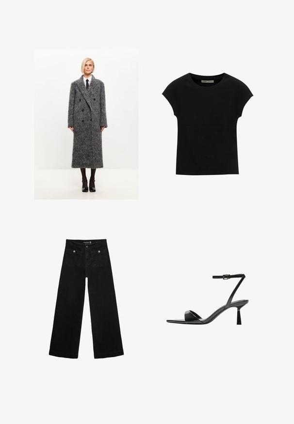 Grijze wolmix dubbele bontjas met een gestructureerde afwerking, grote laarzenkraag en zwarte knopen, reikt tot halverwege de kuit.; Zwart T-shirt met korte mouwen en een ronde halslijn. Gemaakt van soepel, rekbaar katoenen stof. Eenvoudig ontwerp zonder patronen of afbeeldingen.; Zwarte wijdpijpjans met een hoge taille, voorzien van twee voorzakken en metalen knoopaccenten. De stof heeft een gladde textuur.; Bershka Sandalen met hoge hak - black