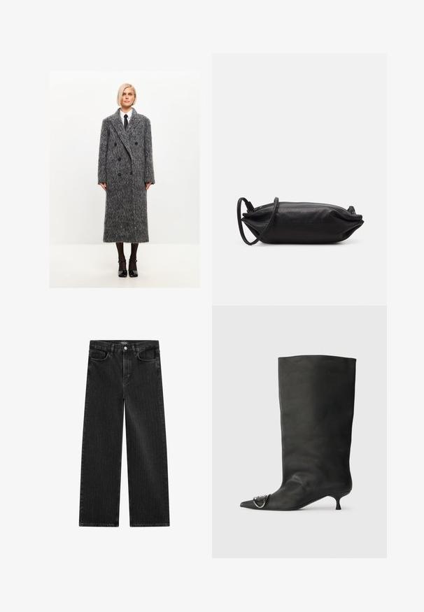 Grå uldblandet dobbeltbrystet frakke med en tekstureret finish, stort klippet krave og sorte knapper, der når op til mellemlæggen.; Sort kortærmet T-shirt lavet af blødt stof, med rund halsudskæring og en afslappet pasform, præget af rene, enkle linjer og uden mønstre.; Bredde ben sorte denimbukser med en subtil lodret stribepattern, der har fem lomme-design og en klassisk knaplukning i taljen.; Sort læder ankelstøvle med spidse tå, lille hæl og metallisk detalje på tæerne. Glat, mat overflade hele vejen igennem.; Sort læder clutch taske med rektangulær form, glat tekstur, tynd skulderrem og minimalistisk design.