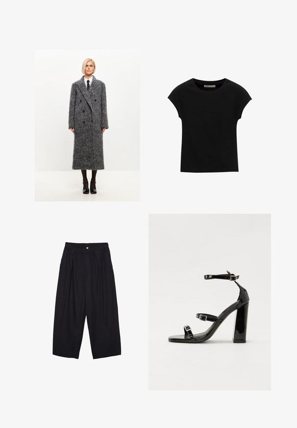 Cappotto doppiopetto grigio in misto lana con finitura testurizzata, ampio colletto a scollo, e bottoni neri, che arriva a metà polpaccio.; T-shirt nera a maniche corte realizzata in tessuto morbido, con scollatura rotonda e vestibilità comoda, caratterizzata da una texture liscia e senza pattern.; Pantaloni culotte neri in poliestere con una cintura elastica, due pieghe frontali e una silhouette ampia. Nessun motivo visibile o dettagli in metallo.; Sandali con tacco in vernice nera, con punta squadrata, cinturini alla caviglia e fibbie in argento. Presentano un tacco a blocco spesso per maggiore stabilità.