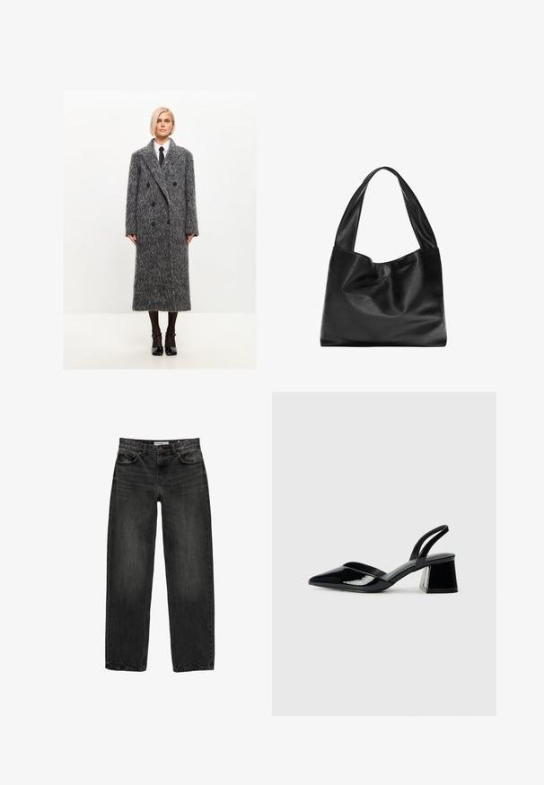 Cappotto doppiopetto grigio in misto lana con finitura testurizzata, ampio colletto a scollo, e bottoni neri, che arriva a metà polpaccio.; T-shirt nera a maniche corte realizzata in tessuto morbido, con scollatura rotonda e vestibilità comoda, caratterizzata da una texture liscia e senza pattern.; Jeans in denim nero con una vestibilità rilassata, gamba dritta, design a cinque tasche e una texture leggermente sbiadita. Chiusura con bottone e zip nella parte anteriore.; Décolleté in vernice nera con punta affusolata e tacco in geometria cubica. Presentano un design elegante e minimalista, con una texture liscia.; Borsa tote in pelle nera con un design morbido e floscio, manici larghi e una texture liscia. Nessun hardware o decorazione visibile.