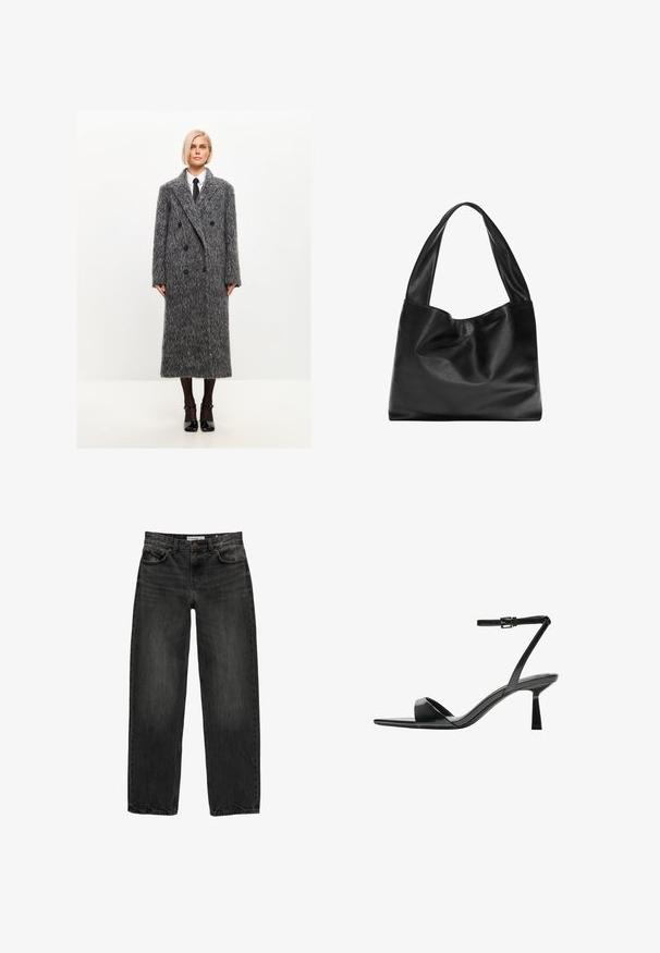 Grijze wolmix dubbele bontjas met een gestructureerde afwerking, grote laarzenkraag en zwarte knopen, reikt tot halverwege de kuit.; Bruine off-the-shoulder top met lange mouwen, met een gedraaid stofontwerp en een zilveren hartvormige accent bij de hals.; Zwarte denim jeans met een relaxte pasvorm, rechte pijpen, vijf-pocket ontwerp en een licht vervaagde textuur. Knop- en ritssluiting aan de voorkant.; Bershka Sandalen met hoge hak - black; Zwarte leren tote bag met een zachte, slappe vormgeving, brede hengsels en een gladde textuur. Geen zichtbare hardware of versieringen.