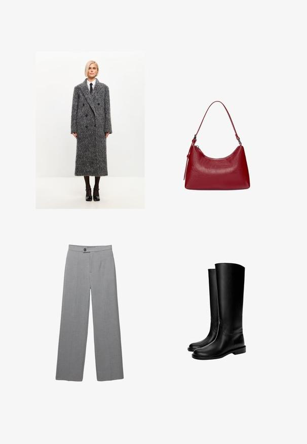 Šedý kabát z vlněné směsi se strukturovaným povrchem, velkým vykrojeným límcem a černými knoflíky, dosahující do poloviny lýtek.; Černá bavlněná tkanina s hladkým povrchem a kulatým výstřihem, s jemným, rovnoměrným zrnem. Žádné viditelné loga ani akcenty.; Šedé upravené kalhoty s širokými nohavicemi, plochým předním dílem a jemnou texturou. Obsahují zapínání na jeden knoflík a čisté linie.; Černé kožené boty po kolena s hladkým povrchem, kulatou špičkou, plochou podrážkou a minimalistickým designem, s prošívanými švy a bez viditelného kování.; Červená kožená taška přes rameno s zakřiveným designem, hladkým povrchem a zipovým uzávěrem. Obsahuje tenkou rukojeť pro nošení.