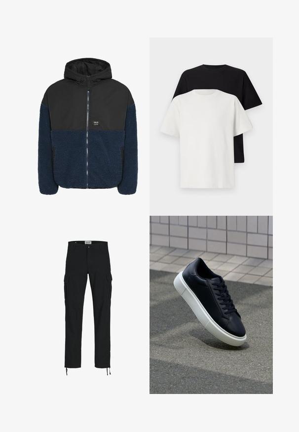 Chaqueta con capucha que presenta una capa exterior negra y lisa, y una sección inferior de forro polar texturizado en azul marino, con cremallera frontal y bolsillos laterales.; Conjunto de camisetas de algodón que incluye una camiseta negra y una blanca, ambas con mangas cortas, escote redondo y corte estándar. Tejido texturizado.; Pantalones cargo negros con corte recto, que cuentan con bolsillos laterales, cierre de botón y cordones elásticos en los tobillos. Fabricados en tejido resistente.; Zapatilla de cuero negro con punta redonda y suela de goma blanca. Presenta cordones planos y un mínimo de costuras en la parte superior. Suela texturizada para proporcionar agarre.