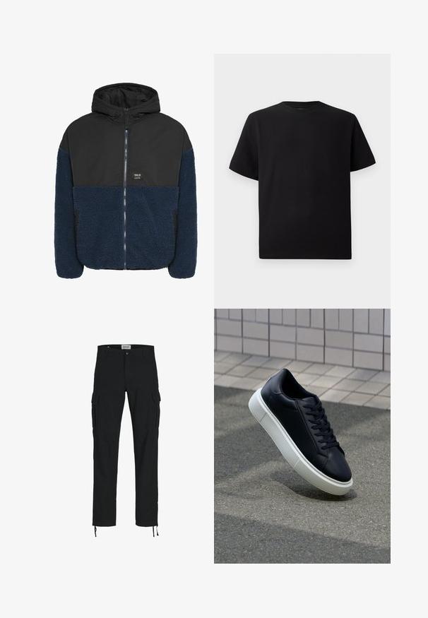 Giacca con cappuccio caratterizzata da uno strato esterno nero e liscio e una parte inferiore in pile blu navy testurizzata, con zip frontale e tasche laterali.; T-shirt corto nero a maniche corte realizzato in tessuto testurizzato, con scollatura rotonda e vestibilità comoda. Semplice, senza motivi o dettagli.; Pantaloni cargo neri con taglio dritto, dotati di tasche laterali, chiusura con bottone e coulisse elastiche alle caviglie. Realizzati in tessuto resistente.; Sneaker in pelle nera con punta arrotondata e suola in gomma bianca. Presenta lacci piatti e cuciture minime sulla parte superiore. Suola testurizzata per una migliore aderenza.