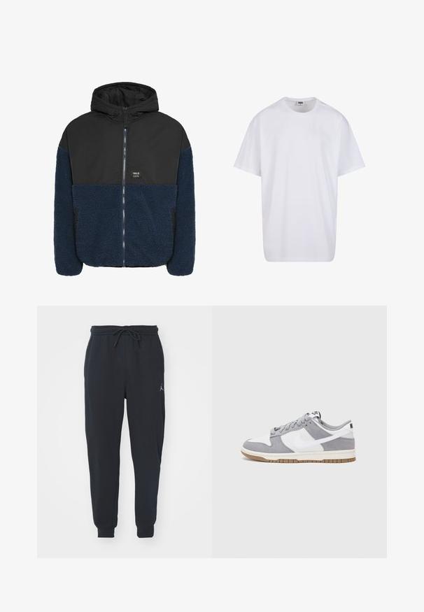 Giacca con cappuccio caratterizzata da uno strato esterno nero e liscio e una parte inferiore in pile blu navy testurizzata, con zip frontale e tasche laterali.; Maglietta bianca in cotone con maniche corte, scollatura rotonda, vestibilità comoda e senza loghi o motivi visibili. Texture liscia e design minimale.; Pantaloni jogger neri realizzati in tessuto morbido, dotati di una vita elastica con coulisse, polsini a costine e un piccolo logo sulla coscia sinistra.; Sneaker grigia e bianca con tomaia in suede e pelle, punta arrotondata, lacci piatti e soletta in gomma con un accento color caramello.