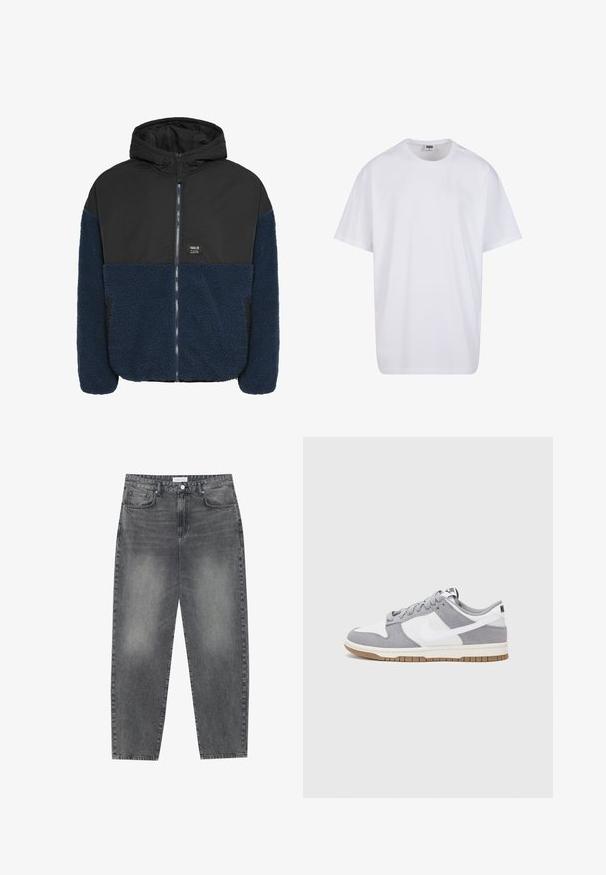 Hooded jacket featuring a black, smooth outer layer and a textured navy blue fleece lower section, with a front zipper and side pockets.; White cotton t-shirt with short sleeves, rounded neckline, relaxed fit, and no visible logos or patterns. Smooth texture and minimal design.; High-waisted, loose-fitting jeans in faded black denim. Features five pockets, belt loops, and a clean, straight leg design.; Nike sneakers feature a gray suede and white leather upper with perforations, round laces, and a gum sole for traction.