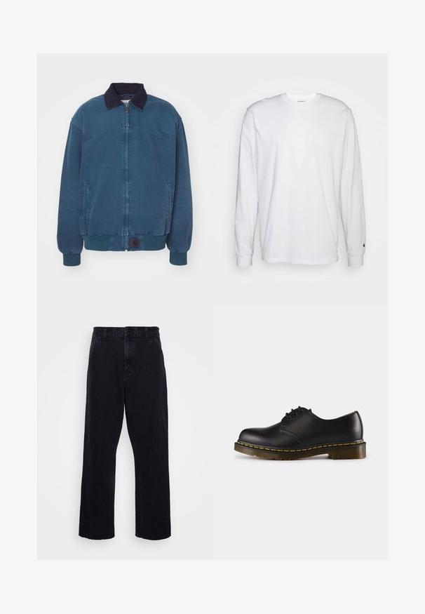 Carhartt WIP SANTA FE JACKET - Jas - deep lagoon/black; Witte lange mouwen T-shirt van katoen. Ronde hals ontwerp met ribgebreide manchetten en een klein logo op de linkermouw. Gladde textuur.; Zwarte denim broek met een rechte pijpdesign, voorzien van een knoop- en ritssluiting, riemlussen en minimale stikdetails.; Zwarte leren schoen met een ronde neus, vetersluiting, gele stiksels langs de zool en een stevige, geprofileerde rubberen buitenzool.
