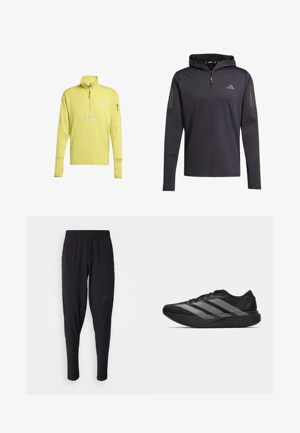 Geel sportief bovenstuk met lange mouwen, hoge kraag, kwart-rits, reflecterende accenten en zijzak. Gestructureerde stof met een sportief ontwerp.; Zwarte hoodie met lange mouwen en een halve rits, gemaakt van lichte stof, met drie verticale grijze strepen op elke mouw.; Zwarte sportbroek met een elastische tailleband, taps toelopend ontwerp, zijzakken en subtiele logodetails. Gemaakt van flexibele, ademende stof.; Zwarte sportieve schoenen met een lichtgewicht ontwerp, voorzien van drie opvallende grijze strepen, een gladde textuur en een gevormde zool.