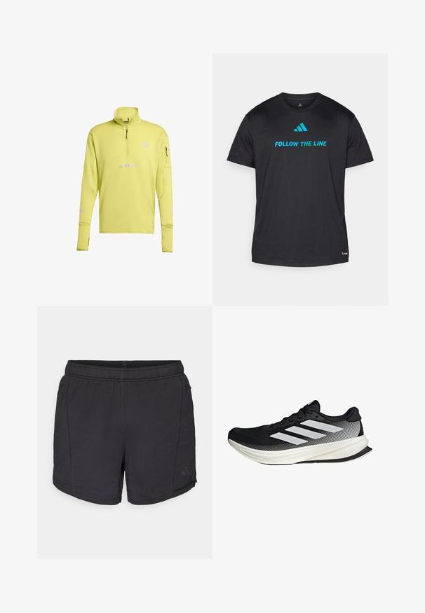 Gul långärmad sporttopp med hög krage, kvartdragkedja, reflexdetaljer och sidoficka. Strukturerad tyg med sportig design.; Svart tränings t-shirt i lättviktsmaterial, med "FOLLOW THE LINE" i klarblått och en liten logotyp nära nederkanten.; Svarta atletiska shorts med elastiskt midjeband och subtil Adidas-logga på vänster ben, visade mot en enkel vit bakgrund.; Svart atletisk sko med nätmönster, som har vita ränder, rund tå och en strukturerad sula för grepp och stöd.