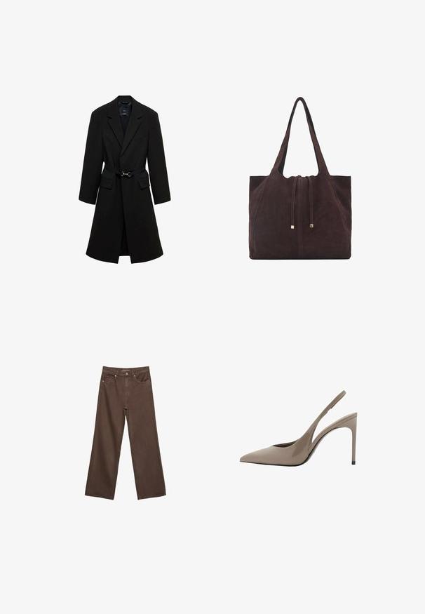 Musta räätälöity takki vyötärölle vyöllä, lovet napit ja kaksi etutaskua. Sujuva kangas, jossa on jämäkkä siluetti.; Kahvinsävyinen lyhythihainen t-paita, joka on valmistettu pehmeästä kankaasta. Pyöreä pääntie ja rento malli. Ei näkyviä kuvioita tai koristeita.; Leviittävät ruskeat farkut, jotka on valmistettu denimistä, korkea vyötärö, etutaskut ja klassinen nappikiinnitys. Silkkinen pinta hienovaraisella ompelutyöllä.; Beige patent leather slingback-korkokengät, joissa on terävä kärki ja tyylikäs muotoilu, joka sisältää ohuen korkean koron ja sivuilla olevan aukon.; Mango Shopping bag - dark brown