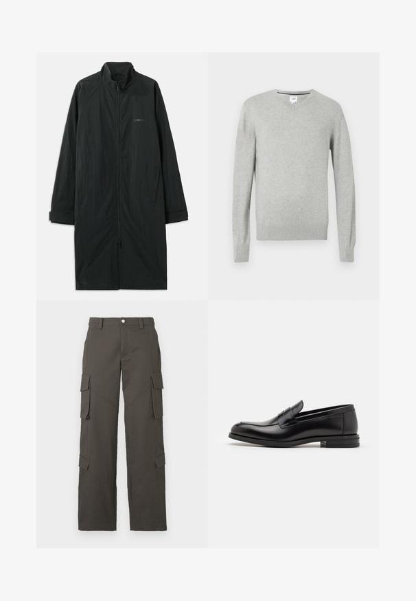 Černý dlouhý kabát s vysokým límcem, plným předním zipem a vyrobený z lehké, texturované látky. Obsahuje rukávy s manžetami a decentní branding.; Svetle šedý svetr, design s výstřihem do V, dlouhé rukávy, žebrované manžety a lem, měkká textura. Značka umístěná na výstřihu.; Bílá bavlněná tričko s kulatým výstřihem, krátkými rukávy a volným střihem. Hladká textura, bez vzorů nebo ozdob.; Tmavě šedé cargo kalhoty rovného střihu s zapínáním na knoflík a čtyřmi klopovými kapsami, dvě na stehnech a dvě poblíž lýtek.; Černé kožené polobotky s hladkou texturou, zaoblenou špičkou a zdobným páskem přes nárt. Nízký stohovaný podpatek, minimalistický design.