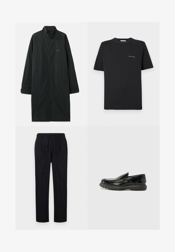Czarny długi płaszcz z wysokim kołnierzem, wyposażony w pełny zamek błyskawiczny z przodu, wykonany z lekkiego, teksturowanego materiału. Posiada mankiety z podwijanymi rękawami oraz subtelne oznaczenia marki.; Czarna bawełniana koszulka T-shirt z okrągłym dekoltem, krótkimi rękawami i małym białym logo "TIGER OF SWEDEN" na piersi. Klasyczny krój.; Czarne spodnie wykonane z gładkiego materiału, z elastycznym paskiem w talii, prostymi nogawkami oraz plisami z przodu, co nadaje im strukturalny wygląd.; Czarne skórzane mokasyny o błyszczącym wykończeniu, zaokrąglonym nosku, subtelnych detalach szycia i grubym gumowym spodzie dla trwałości.