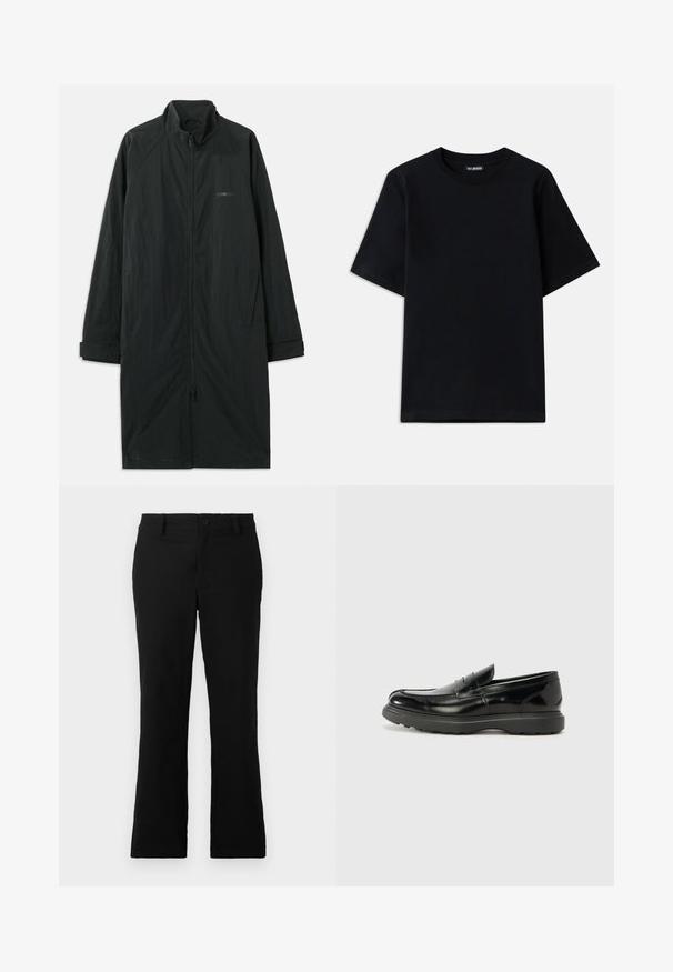 Mustad must coat kõrge kaelusega, millel on täielik esinevet zipper ja mis on valmistatud kergest tekstureeritud kangast. Sisaldab mansetiga varrukaid ja diskreetset brändimist.; Must musta T-särk lühikeste varrukatega ja ümar kaelus. Vasakul rinnal on diskreetne logo tikand. Lame ja sile tekstuur.; Mustad laiad püksid, mis on valmistatud puuvillase segukanga, millel on nööbikinnitus, vöökohad ja sile tekstuur, ilma nähtavate mustriteta.; Must musta nahk loafer läikiva viimistlusega, ümar varvas, delikaatsed õmblusdetailid ja paks kummist tallad vastupidavuse tagamiseks.