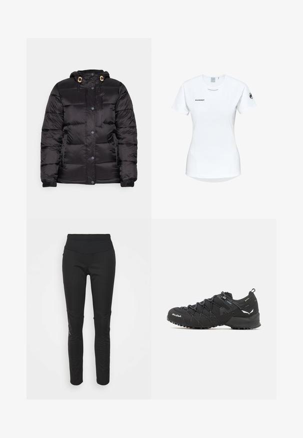 Giacca a vento nera con cappuccio, dotata di chiusura con zip e bottoni a pressione, polsini elasticizzati e tasca frontale con zip; texture liscia e trapuntata.; Maglietta atletica bianca a maniche corte con colletto rotondo, dotata di un logo sul petto e una texture di tessuto liscia e leggera.; Leggings sportivi neri con una vita alta, texture liscia, dettaglio del logo e pannelli laterali per un maggiore interesse visivo.; Scarpe da trekking nere con tomaia in tessuto testurizzato, sistema di allacciatura e suola in gomma robusta. Accentuate da dettagli riflettenti e loghi.