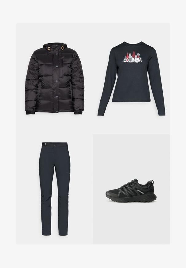 Giacca a vento nera con cappuccio, dotata di chiusura con zip e bottoni a pressione, polsini elasticizzati e tasca frontale con zip; texture liscia e trapuntata.; Maglietta a maniche lunghe grigia scura con una grafica di alberi rossi e montagne; logo "COLUMBIA" in caratteri bianchi in grassetto. Tessuto morbido, scollatura a girocollo standard.; Pantaloni da uomo per attività all'aperto, grigio scuro, realizzati in materiale elastico, dotati di cintura, tasche con zip e cuciture rinforzate.; Columbia PEAKFREAK - Scarpa da hiking - black