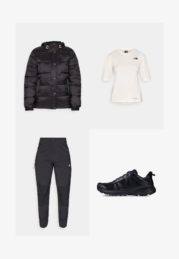 Fekete puffdzseki kapucnival, cipzárral és patentokkal záródik, rugalmas mandzsettákkal és elöl cipzáras zsebbel rendelkezik; sima, steppelt textúrával.; The North Face SHADOW SHORT SLEEVE - Sportfelső - white dune; Fekete kültéri nadrág tartós anyagból. Cipzáros zsebekkel, megerősített térdpanellel és egyenes szabással a mozgékonyságért.; Fekete terepfutó cipő hálós felsőrésszel és gumitalppal. Texturált betétekkel, megerősített orr résszel és márkalogóval a saroknál.