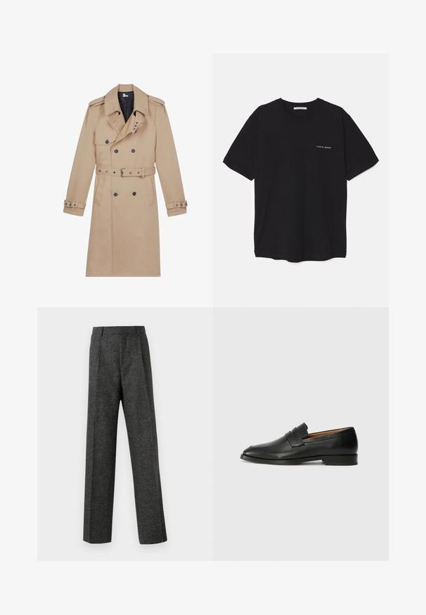 Beige trenssitakki sileästä kankaasta, jossa on kaksirivinen edustus, leveät kaulukset, vyötärölle soljettava vyö ja napitettu hihansuu.; Musta puuvillapaita, jossa on pyöreä kaula-aukko, lyhyet hihat ja valkoinen logopainatus vasemmassa rinnassa. Yksinkertainen, tasavärinen design.; Harmaat räätälöidyt housut, jotka on valmistettu teksturoidusta kankaasta, ja niissä on kaksi etutaskua ja suora lahjemuoto. Ei näkyviä taskuja tai koristeluja.; Musta nahkainen loafer, jossa on pyöreä kärki, hienovarainen ommelkoristelu ja matala korko, joka on varustettu sileällä pinnalla ja minimalistisella designilla.