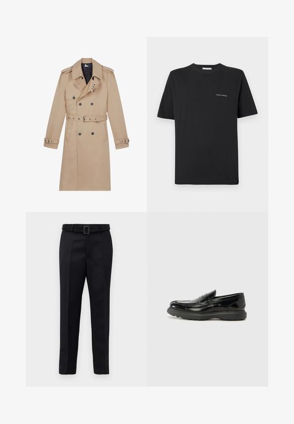Kreminės spalvos paltas, pagamintas iš lygaus audinio, su dvigubu mygtukų užsegimu, plačiomis apykaklėmis, diržu ties liemeniu ir mygtukais prie rankovių.; Juoda medvilnės marškinėliai su apvaliu kaklu, trumpomis rankovėmis ir mažu baltu „TIGER OF SWEDEN“ logotipu krūtinėje. Klasikinis siluetas.; Juodos pritaikytos kelnės turi lygią medžiagą, tiesų kirpimą ir diržą su stačiakampiu sagtimi. Išskirtiniai priekiniai raukšliai pagerina dizainą.; Juodas odinis loaferis su blizgiu paviršiumi, apvaliu pirštu, subtiliais siūlių detalėmis ir storu guminio pado, užtikrinančio ilgaamžiškumą.