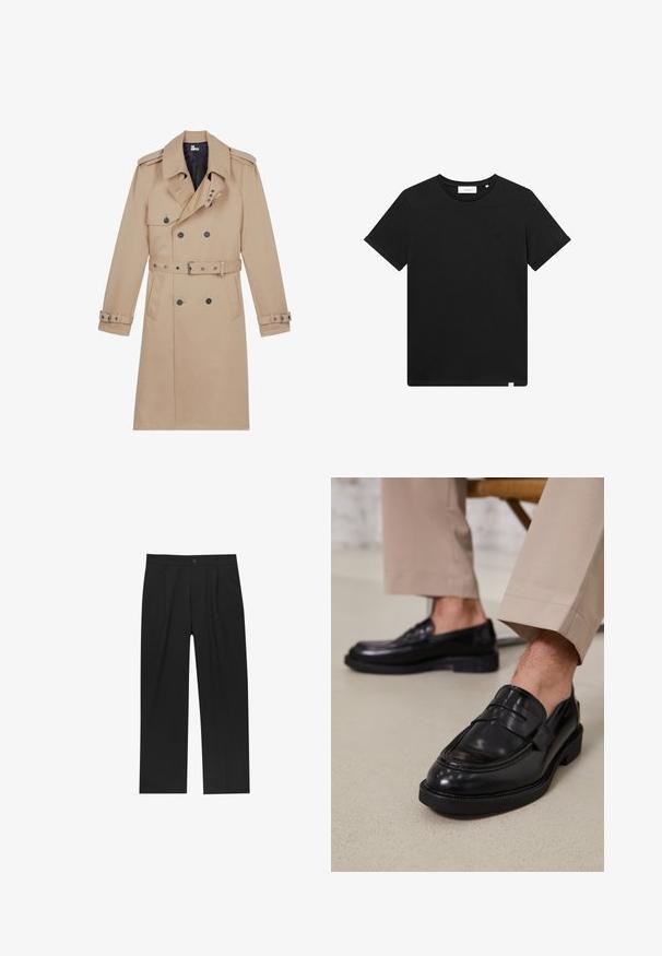 Beige trenčkot vyrobený z hladkého materiálu, s dvouvrstvým předním zapínáním, širokými klopami, páskem v pase a knoflíkovými manžetami.; Černé tričko s krátkým rukávem vyrobené z bavlny, s kulatým výstřihem a malým vyšitým logem na hrudi. Hladká textura, standardní střih.; Černé kalhoty s rovnými nohavicemi, vyrobené z hladké tkaniny. Mají přední záhyby a jedno knoflíkové zapínání v pase.; Černé kožené loafers s hladkým povrchem, zdobené páskem a kontrastním prošíváním, spárované s béžovými kalhotami.