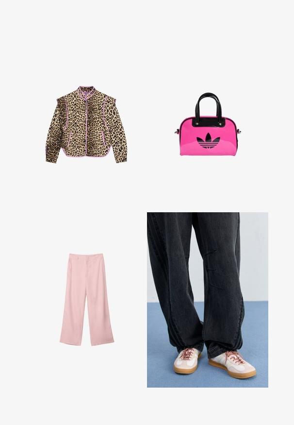 Kurtka w panterkę z fioletowymi wykończeniami, z długimi rękawami, kołnierzykiem i zapięciem na guziki. Widoczne są również dwie przednie kieszenie.; Czarny bawełniany t-shirt z napisem "Mostly Magic" w białym kolorze, ozdobiony dekoracyjnymi perłowymi akcentami. Krótkie rękawy, luźny krój, okrągły dekolt.; Jasnoróżowe spodnie szerokie z gładkiego materiału. Posiadają wyraźny pas i proste, swobodnie opadające nogawki, bez widocznych wzorów czy dodatkowych elementów.; Czarne luźne dżinsy z przeszyciami z przodu, zestawione z białymi i różowymi sneakersami z gumową podeszwą i różowymi sznurówkami.; Różowa torebka patentowa z czarnym logo i uchwytami, o zaokrąglonym kształcie i zamknięciu na zamek. Lśniąca tekstura zwiększa widoczność.