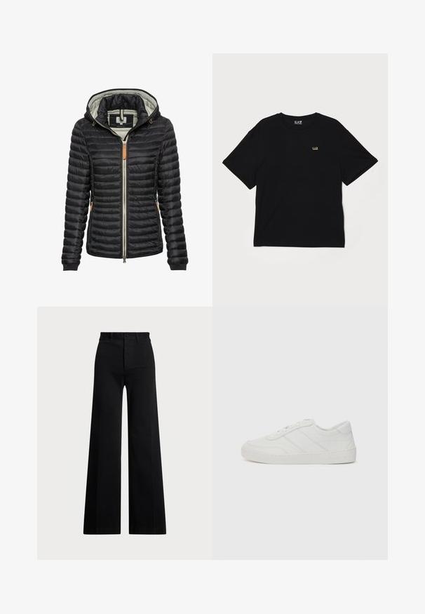 Zwarte gewatteerde jas met een gevoerde capuchon, ritssluiting, elastische manchetten, zijzakken en een bruin leren accent bij de ritssluiting.; Zwarte katoenen t-shirt met korte mouwen, ronde hals en een klein gouden logo op de linkerborst. Glad van structuur en een ontspannen pasvorm.; Zwarte wijde broek van geweven stof, met een hoge taille, sluiting met een knop aan de voorkant en zijzakken. Soepele textuur met strakke lijnen.; Witte leren sneaker met platte veters, ronde neus en subtiele stiksels. Beschikt over een gestructureerde zool en een in reliëf gedrukt merkteken op de hiel.