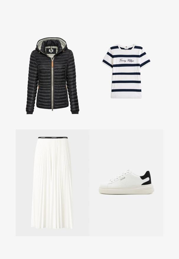 Black padded jacket with a lined hood, zip closure, elastic cuffs, side pockets, and brown leather accent near the zipper.; Cotton T-shirt with horizontal navy stripes on a white background. "Tommy Hilfiger" embroidered in cursive on the chest. Crew neckline.; Pleated white skirt with a black elastic waistband featuring the "LACOSTE" logo. Mid-length design with soft texture.; White leather sneakers with a thick white sole, black suede heel accent, and embossed logo on the side. Laced design with six eyelets.