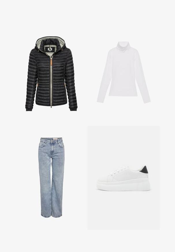 Czarna ocieplana kurtka z podszytym kapturem, zamkiem błyskawicznym, elastycznymi mankietami, bocznymi kieszeniami i brązowym skórzanym akcentem w pobliżu zamka.; Biała bluzka z długim rękawem i golfem, wykonana z gładkiego, elastycznego materiału. Posiada wysoki kołnierz i dopasowany krój, bez widocznych wzorów czy zdobień.; Jasnoniebieskie dżinsy z szerokimi nogawkami, wykonane z denimu, z wysokim stanem, pięciowgzianą konstrukcją i subtelnym wyblaknięciem, dającym wrażenie noszonych.; Białe sneakersy na platformie wykonane z gładkiego materiału syntetycznego, z zaokrąglonym noskiem, sznurowanym zapięciem i teksturowaną gumową podeszwą. Czarne akcenty na pięcie.
